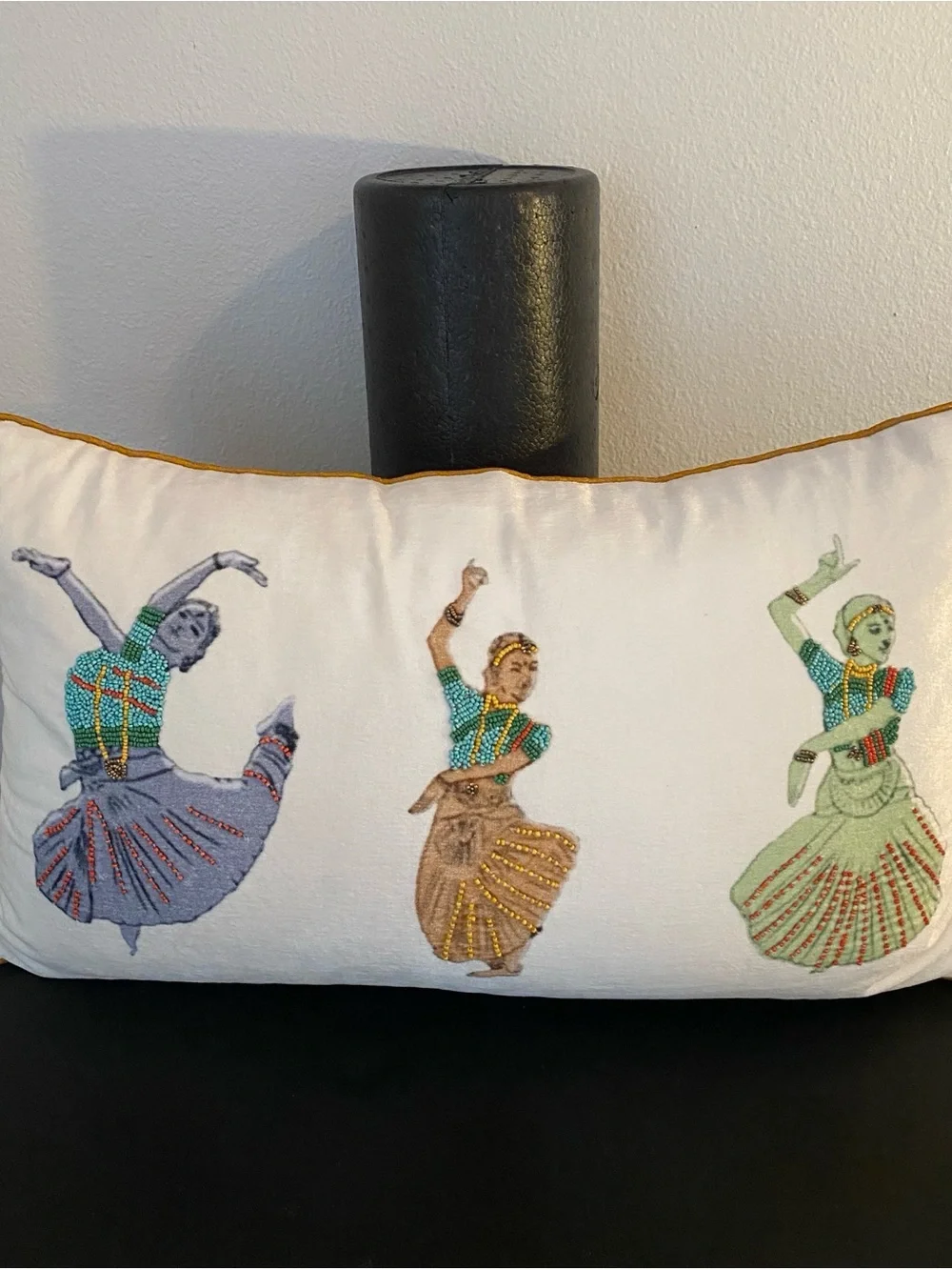 Embroidered Dance Motif Lumbar Pillow - White with Multicolor Figures